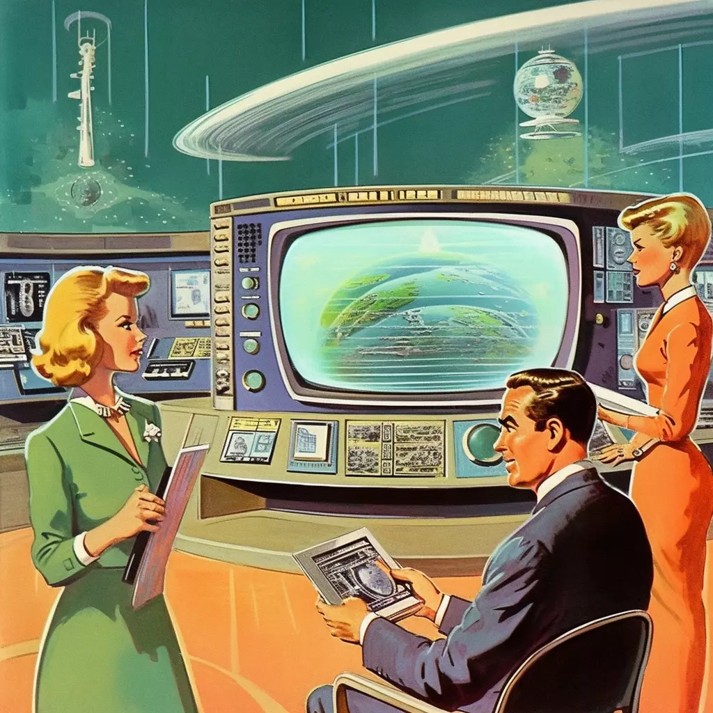 hgtv's 60s scifi classic  the man and the tv, in the style of futuristic digital art, ivan fedorovich choultse, journalistic cartoons, science-fiction lands, navy and green, realist precision