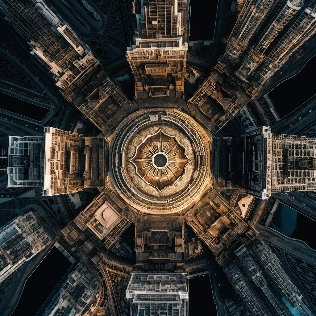 an image of an incredible building with a circular sphere, in the style of dark and gritty cityscapes, christian art and architecture, aerial photography, intricate ceiling designs, raphael lacoste, 32k uhd, bold yet graceful