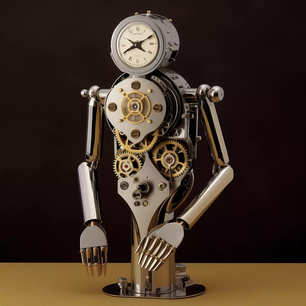 a statue of a robot holding a clock, in the style of tabletop photography, kinetic sculptures, polished craftsmanship, light yellow and dark silver, automatic drawing, cottagepunk, meticulous details 