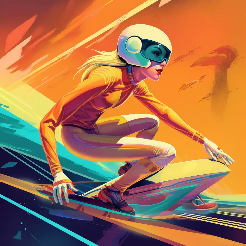 abstract painting of woman riding a skateboard, in the style of retro-futuristic cyberpunk, light cyan and orange, graphic design-inspired illustrations, marvel comics, traincore, 32k uhd, i can't believe how beautiful this is