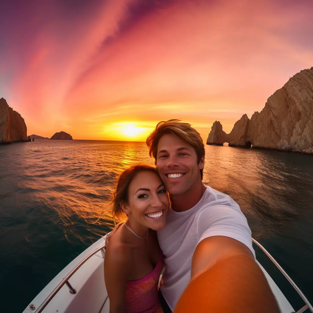 a man and woman taking a selfie on the back of a boat as the sunsets, in the style of bright and vivid colors, spectacular backdrops, melds mexican and american cultures, sterling silver highlights, fisheye effects, light amber and magenta, captivating