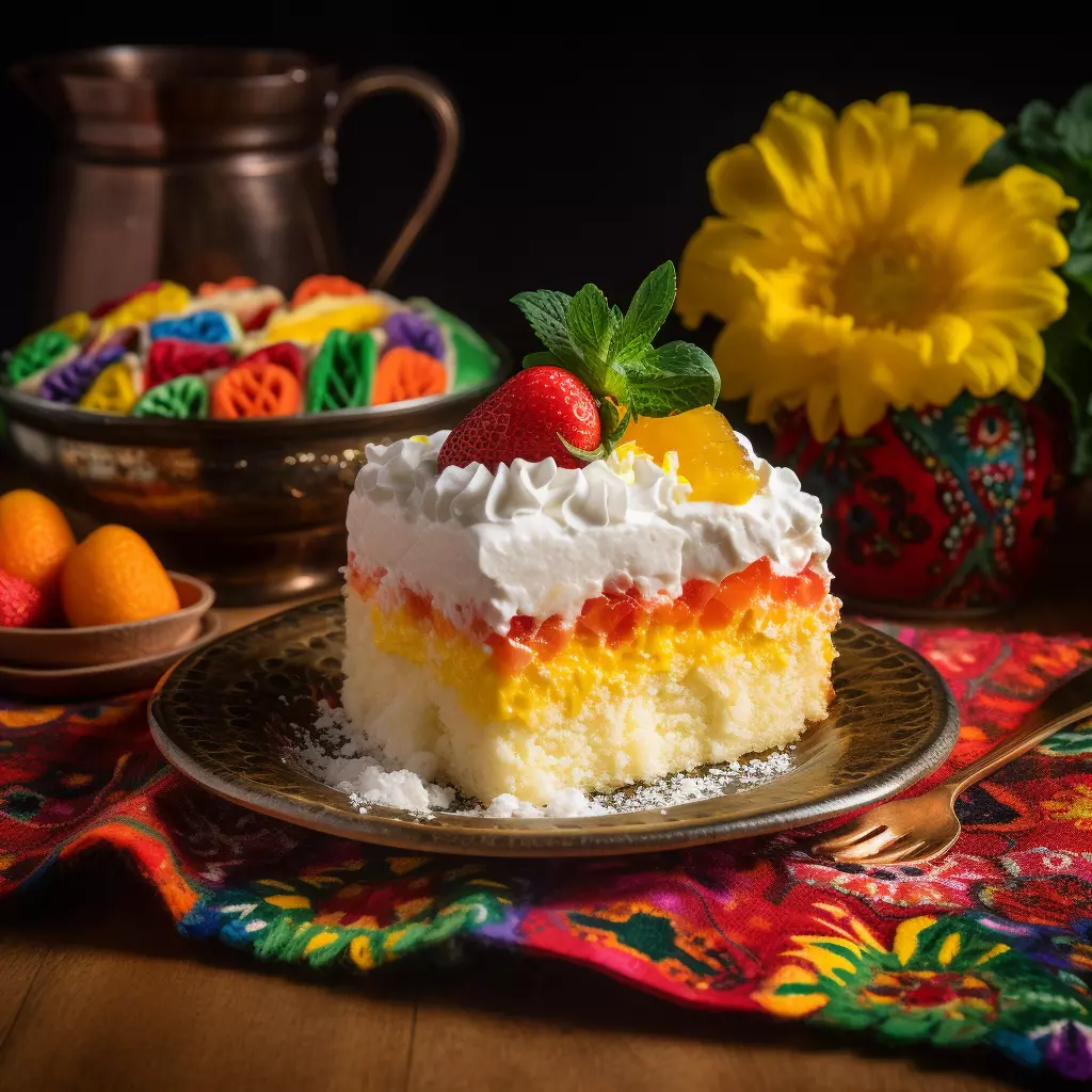 a dessert is displayed on a table with flowers and a vase, in the style of traditional mexican style, multi-layered color fields, photo taken with provia, yellow and orange, dissolving, les nabis, manapunk