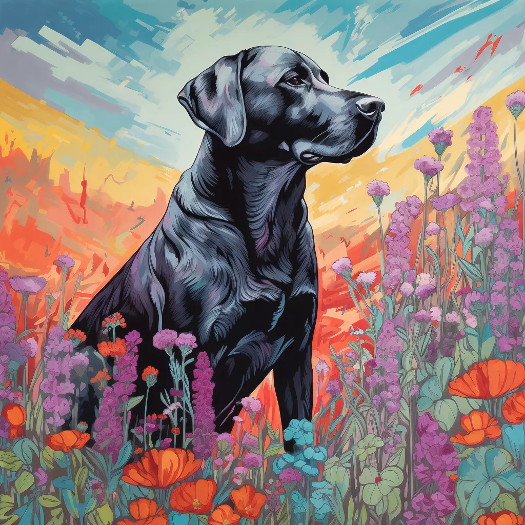 a black labrador standing in a field filled with red flowers, in the style of vibrant acrylic colors, detailed compositions, richly colored skies, light cyan and violet, naturalistic depictions of flora and fauna, amber, detailed, layered compositions