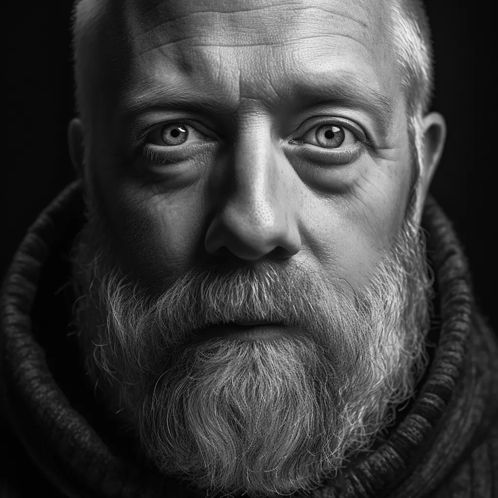 a portrait of a man with a full beard, in the style of rendered in cinema4d, monochrome portraits, environmental portraiture, social media portraiture, marine painter, anglo gothic, realistic lighting