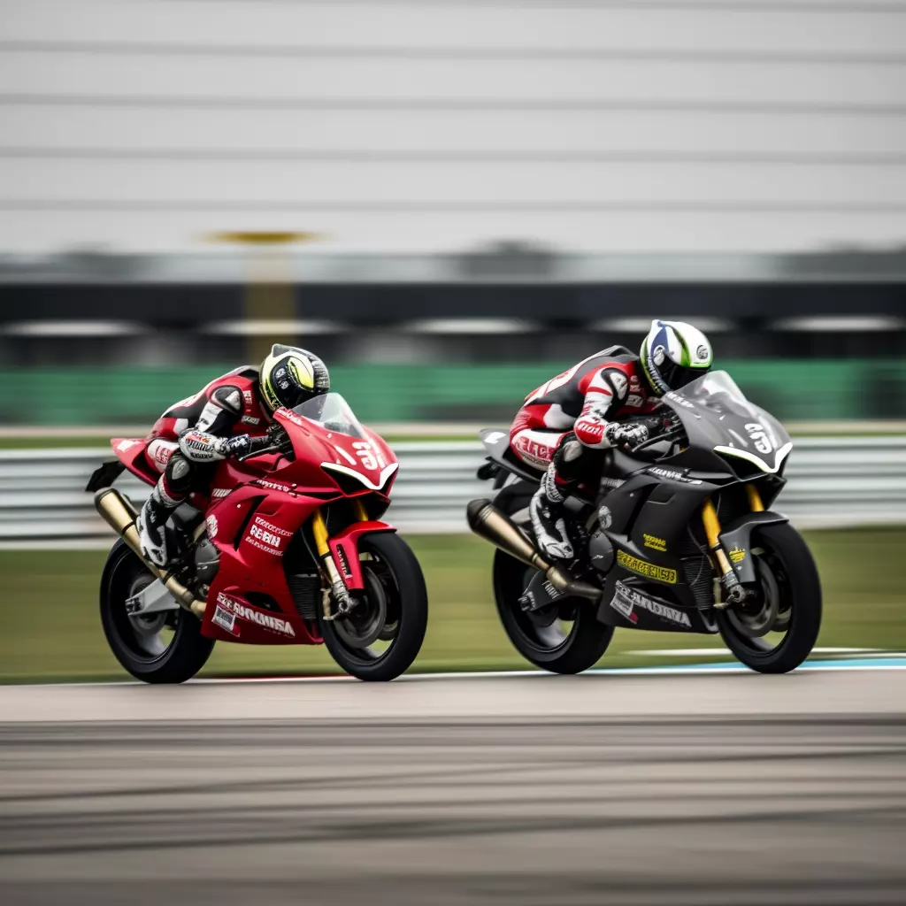 two motorcycle riders racing on a track, in the style of crimson and black, dusseldorf school of photography, 32k uhd, fujifilm eterna 400t, spectacular backdrops, weathercore, high resolution