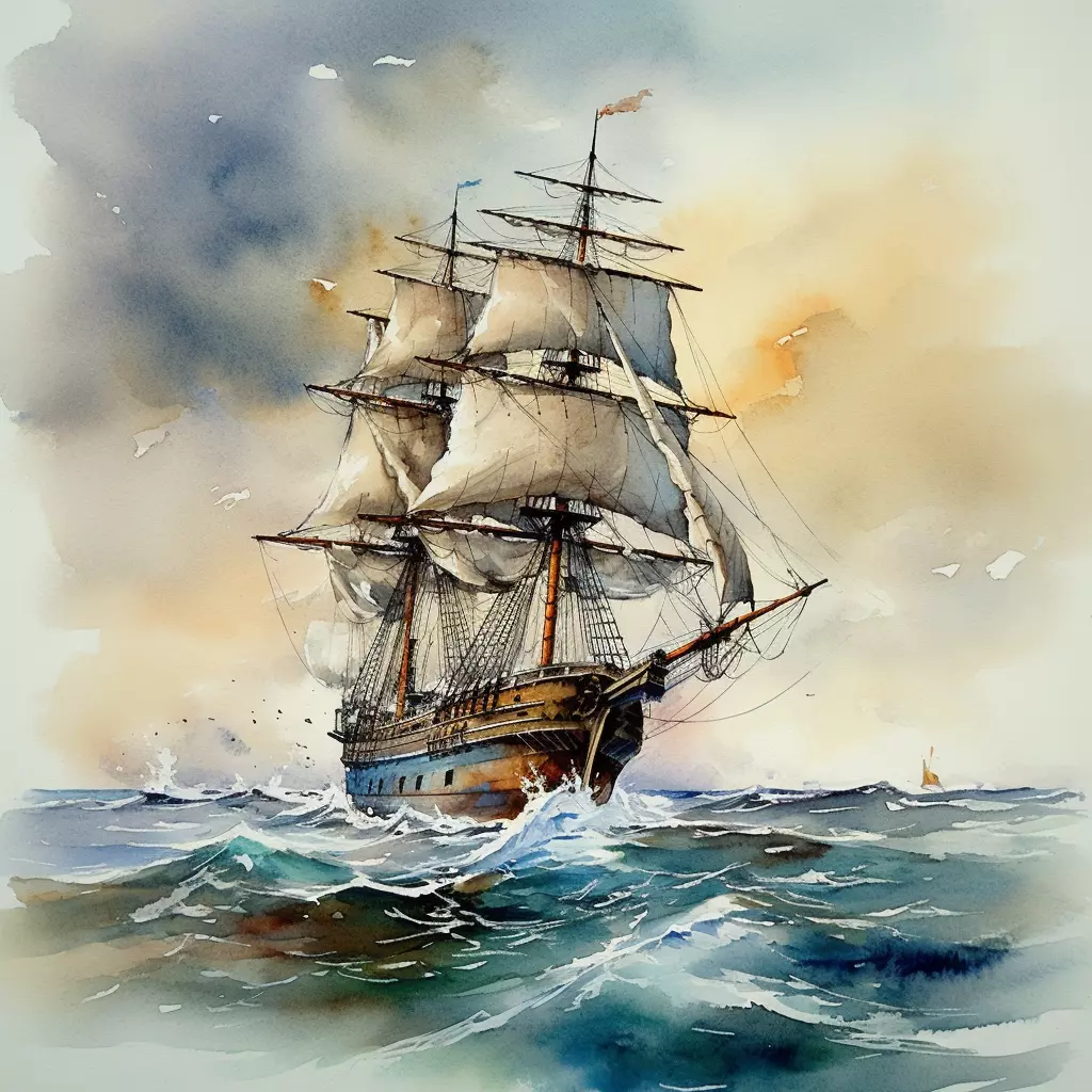 watercolor illustration of sailing ship on sea, in the style of nikon af600, brushwork mastery 