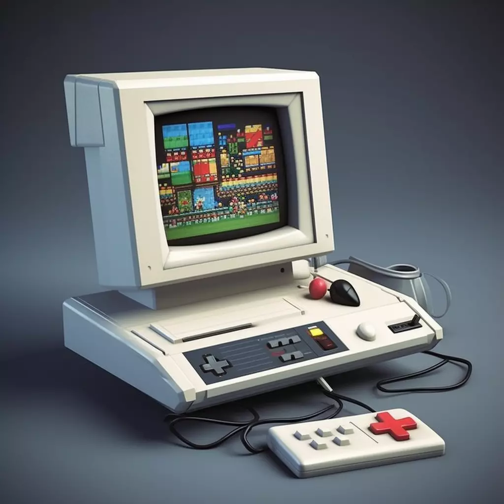 a retro game console and controllers, in the style of realistic and hyper-detailed renderings, windows xp, nostalgic scenes, 32k uhd, beeple, pixel art, screen format 