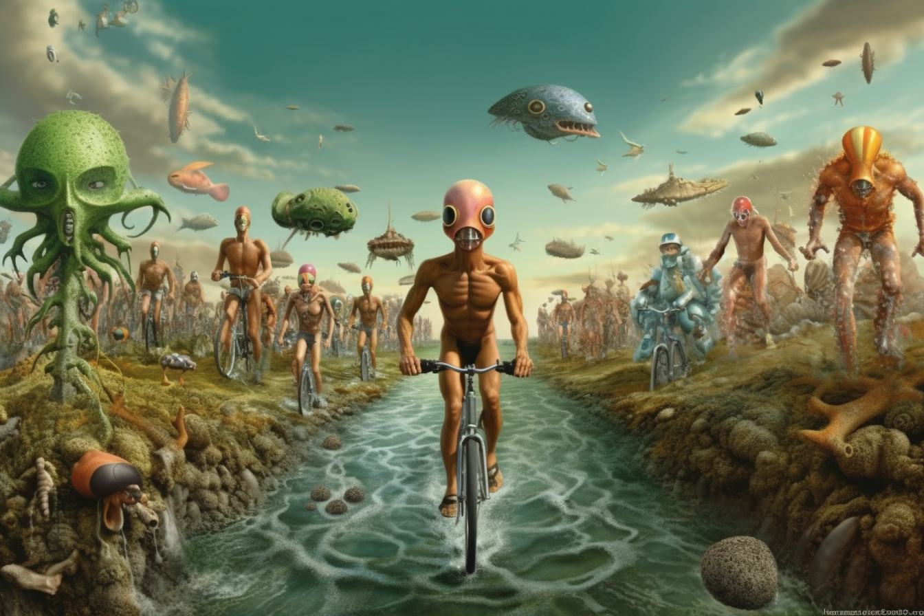 an alien on a bicycle is riding through the middle of a water, in the style of realistic anatomies, whimsical cyborgs, cloudpunk, appropriated images, the new fauves, synchromism, post-apocalyptic imagery