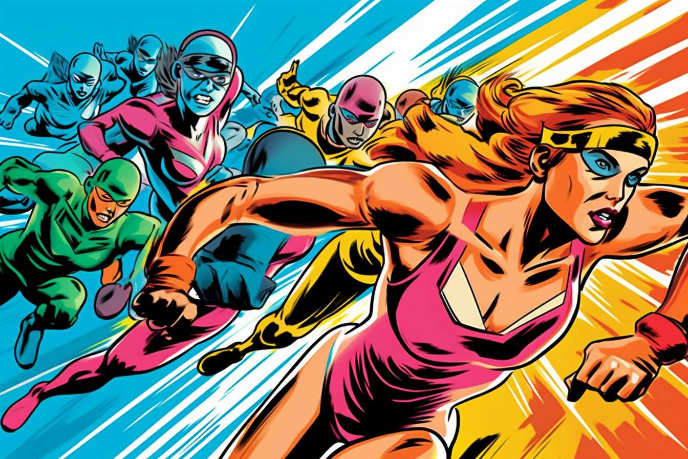 a group of comic pop characters are racing in a cartoon style, in the style of magenta and bronze, post-'70s ego generation, realistic hyper-detail, dc comics, photobash, light blue and yellow, historical illustrations