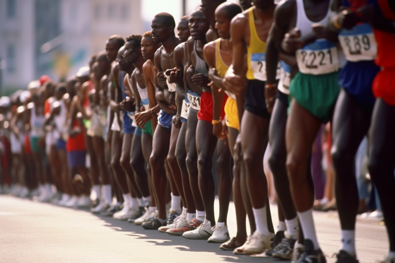 athletes with varying colors line up for a marathon in an urban setting, in the style of african influence, nikon f2, overexposure, pensive poses, bold yet graceful, hurufiyya, flickr