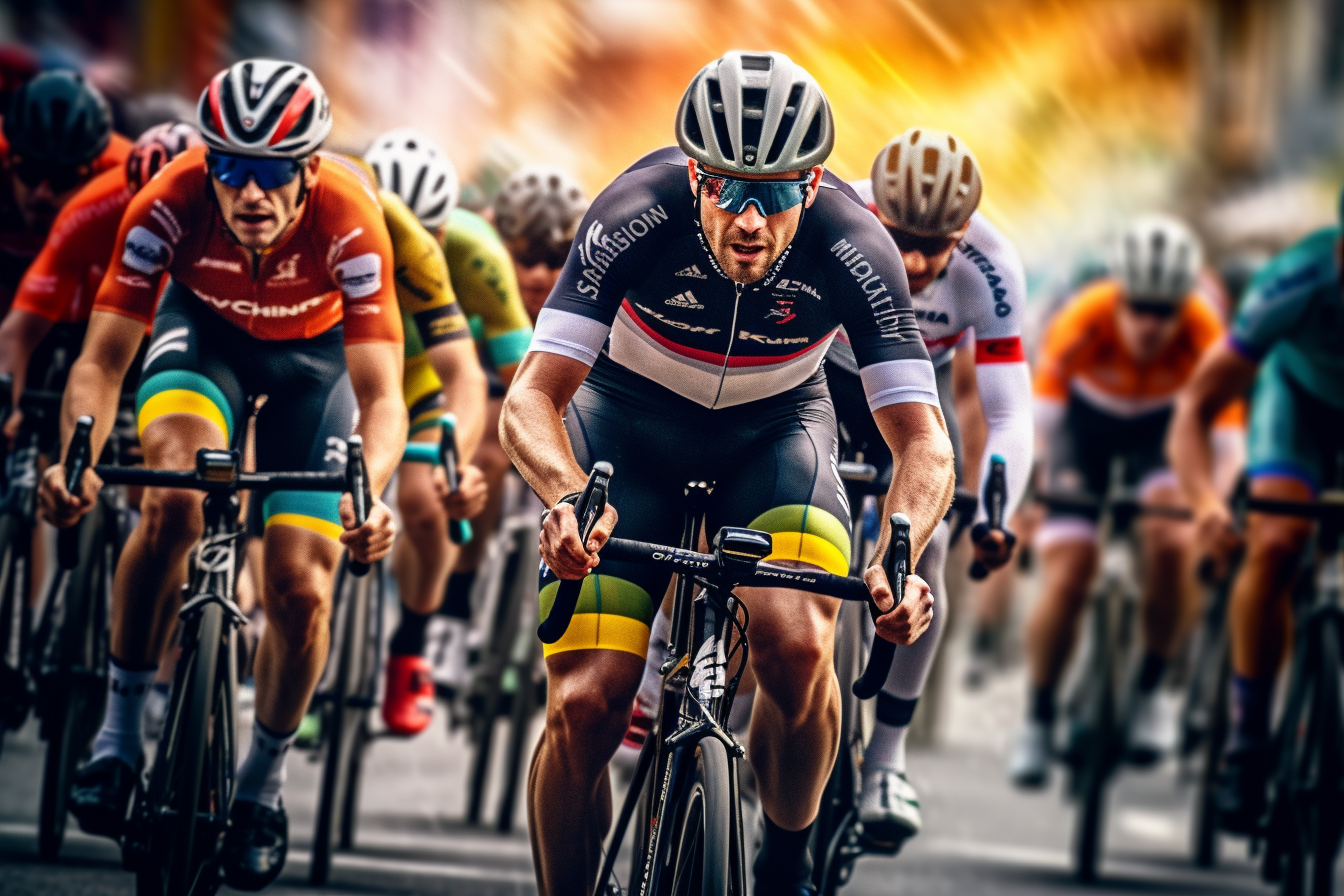 cyclists in the road racing in an urban environment, in the style of vibrant stage backdrops, deutscher werkbund, swirling colors, wimmelbilder, strong facial expression, rtx on, precise craftsmanship