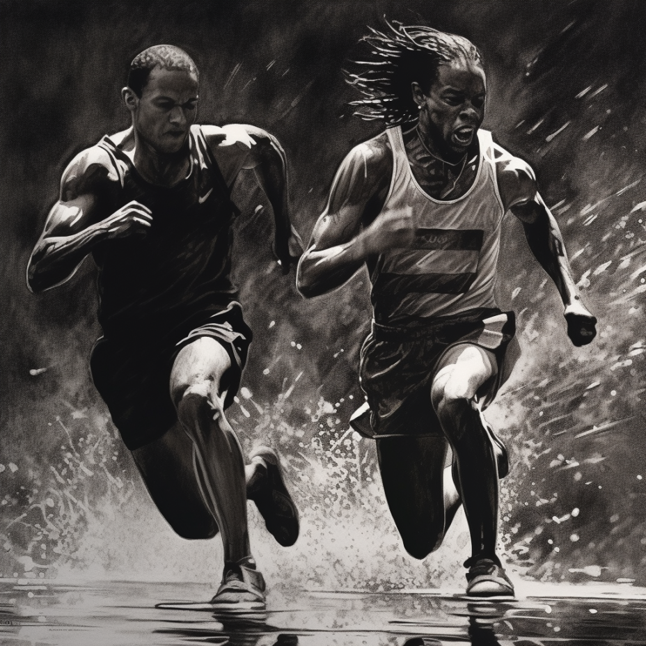 two runners running in the water in a black and white drawing, in the style of realistic portrait painter, zaire school of popular painting, realistic and hyper-detailed renderings, precisionist art, dark & explosive, airbrush art, crimson and bronze 