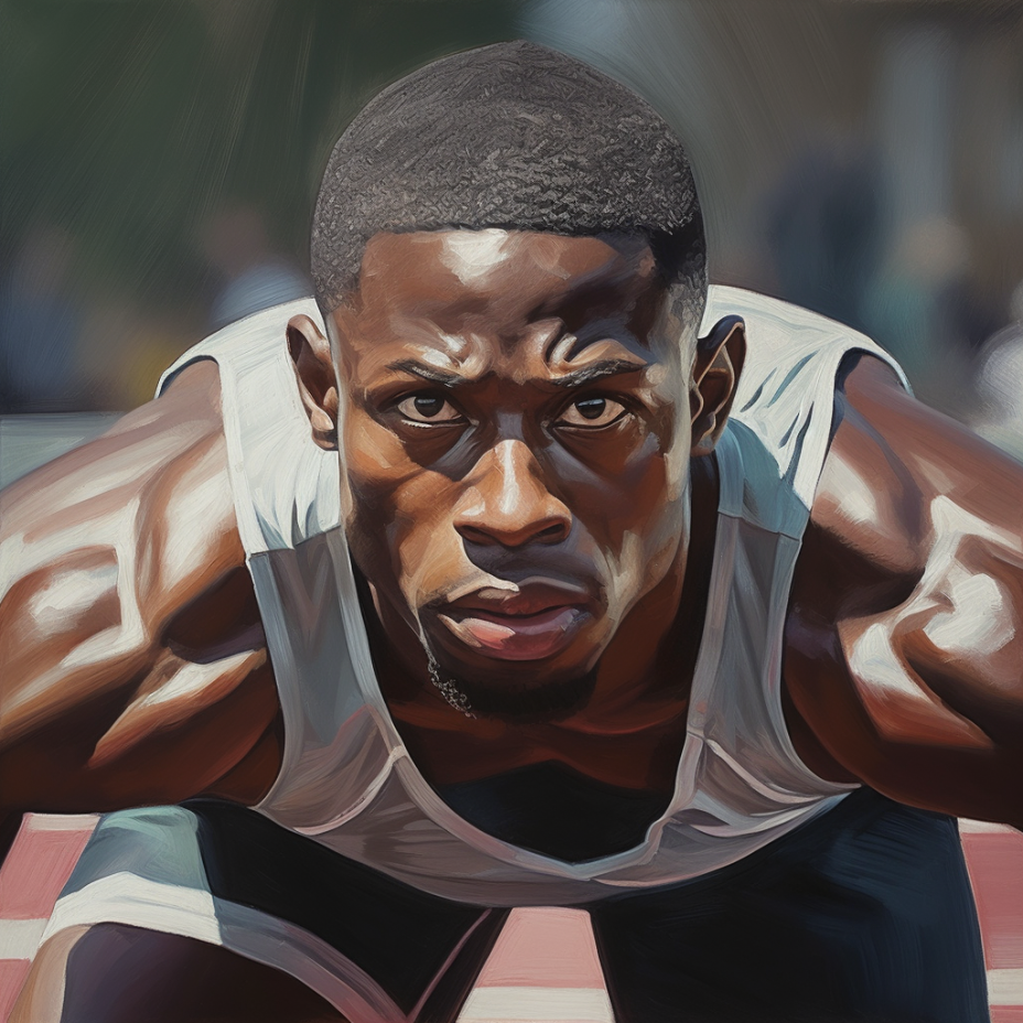 an illustration of a black sportsperson sprinting, in the style of realistic oil portraits, intense gaze, michael malm, close up, raw and powerful, ben wooten, shot on 70mm 